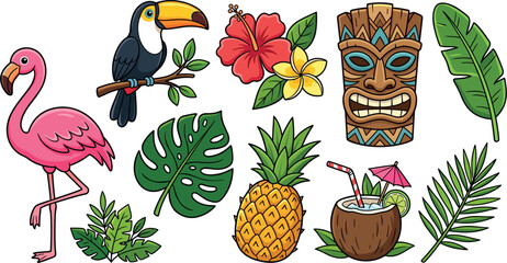 Tropical summer hawaiian tiki party vector elements set with flamingo, toucan, pineapple, coconut cocktail, and exotic flowers isolated on white background © MdArif