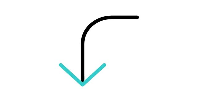 Animated curved arrow turning down icon loop motion graphic, downward direction and return flow symbol, isolated on white background