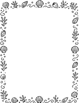 Hand drawn seashell and coral frame with starfish, shells and sea plants