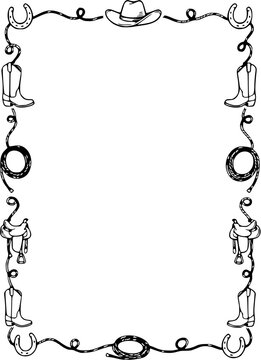 Hand drawn western cowboy frame with hat, boots, horseshoes and rope