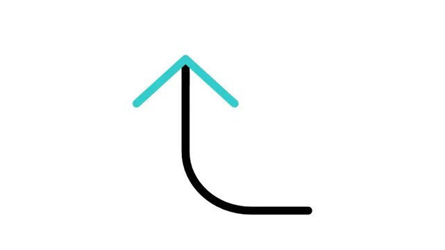 Animated curved arrow turning up icon loop motion graphic, upward direction and growth flow symbol, isolated on white background