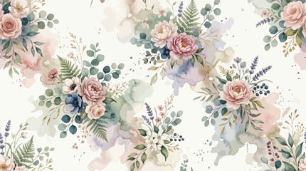 Watercolor floral pattern with roses and eucalyptus leaves in soft pastel colors. © Sendang