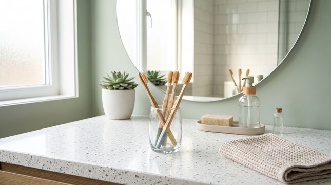 Bamboo toothbrushes on bathroom counter.