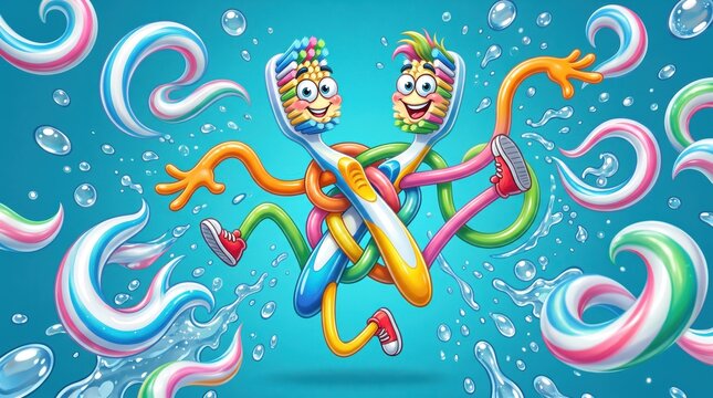 Colorful Whimsical Characters in Abstract Swirling Background.