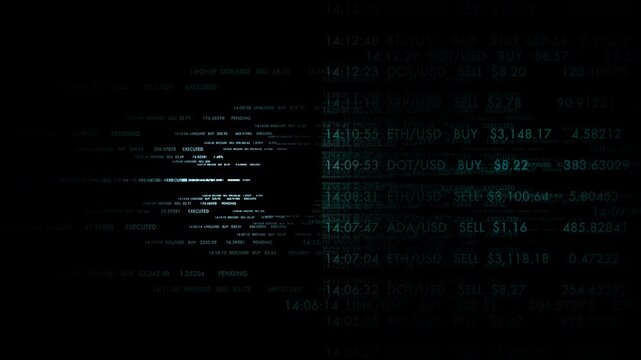 High-speed live crypto trading ticker displaying market transaction data for Bitcoin, Ethereum, and Solana. Perfect for blockchain, crypto-investing, and fintech news segments.