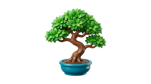 Green bonsai tree in blue ceramic pot with twisted trunk