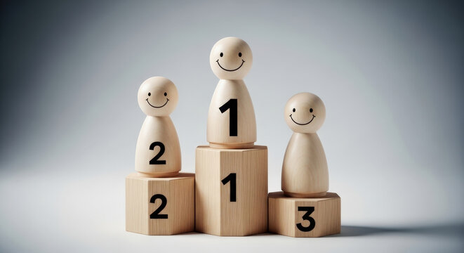 Wooden figures representing podium winners labeled with numbers one two and three standing on pedestals showcasing victory and rankings hierarchy.