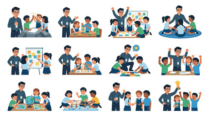 Fototapeta premium Cartoon police officers interacting with diverse children in classroom.