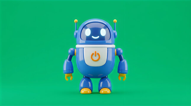 Friendly blue robot with power button standing and smiling