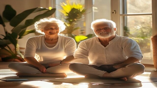 Joyful senior couple sitting together on the floor in a sunlit living room practicing wellness exercises