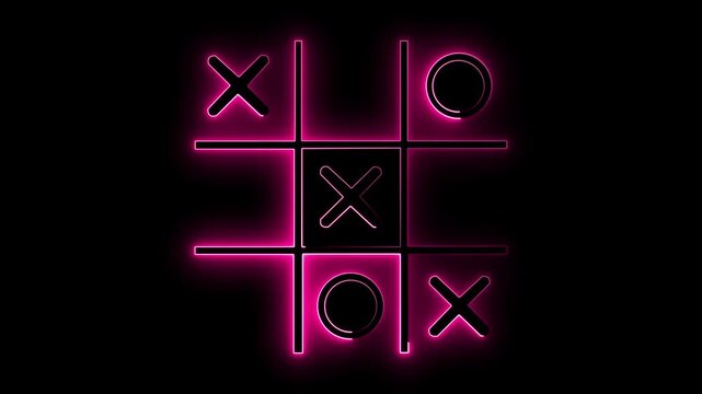 Glowing neon Tic tac toe game icon isolated on black background. Tic tac toe game icon animation. XOX game, educational game animation