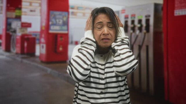 Hispanic woman covering ears with hands at a gas station near fuel pumps, striped sweater, worried grimace in a roadside forecourt; anxiety unease alarm.