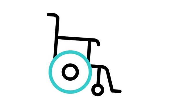 Animated wheelchair accessibility icon loop motion graphic, disabled medical mobility care and handicap symbol, isolated on white background