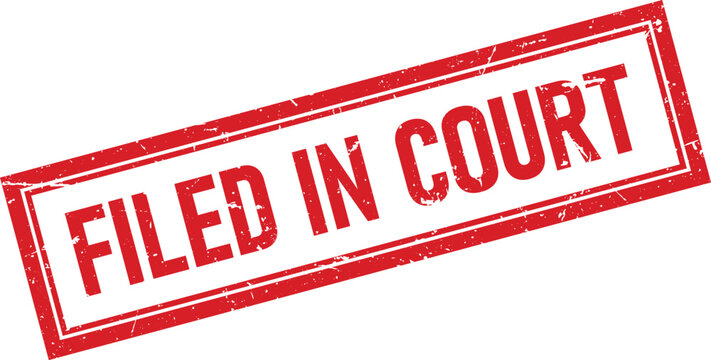 A red rectangular ink stamp with the text filed in court written in a distressed font