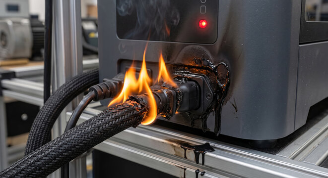 Industrial electronic device with severe electrical fire on power connection.