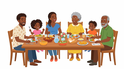 Fototapeta premium Happy African American family of five enjoying a delicious meal together around a wooden dining table
