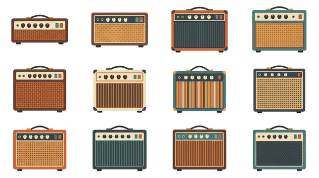 Collection of vintage guitar amplifiers in various styles.
