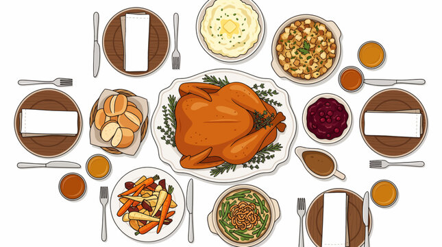 Traditional Thanksgiving Dinner Spread With Roasted Turkey Mashed Potatoes Gravy And Sides