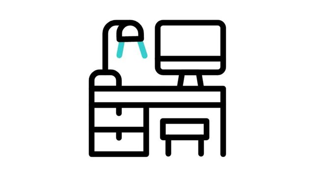 Animated office computer desk and lamp icon loop motion graphic, workstation setup and home workspace symbol, isolated on white background