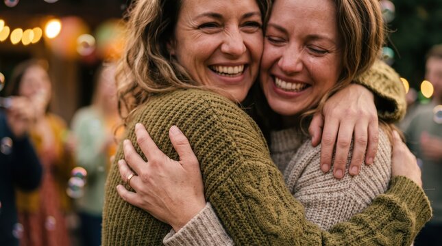 Two Women Hugging and Smiling Together.