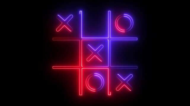 Glowing neon Tic tac toe game icon isolated on black background. Tic tac toe game icon animation. XOX game, educational game animation