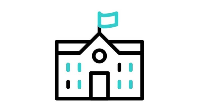 Animated school and university building with flag icon loop motion graphic, education academy and government office symbol, isolated on white background