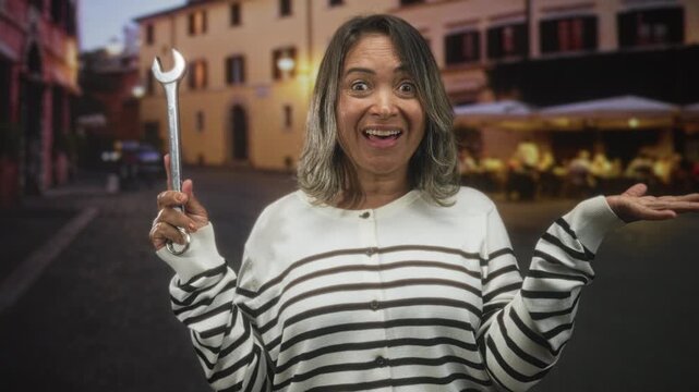 Woman holding wrench with right hand, left palm up, smiling broadly in street cafe at dusk with bistro lights and cobblestones; cheerful confidence.