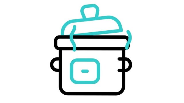 Animated cooking pot boiling soup icon loop motion graphic, kitchen cookware and hot food recipe symbol, isolated on white background