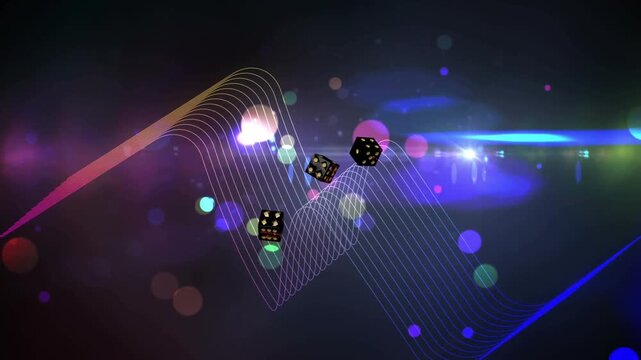 On animation start three glossy black dice appearing, tumbling diagonally, showcasing floating dice