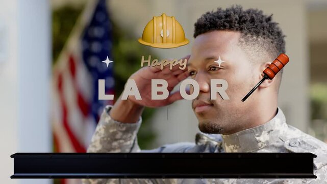 Animated helmet, tools, balloons appearing around soldier causing salute, HAPPY LABOR DAY forming