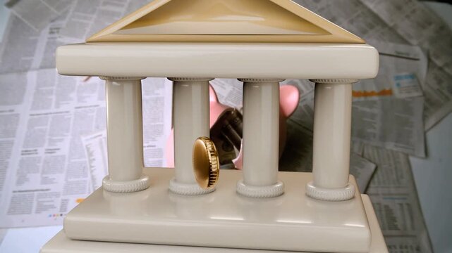 Floating base appearing columns rising cream bank assembling as gold coin rolling showing savings