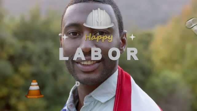 Man facing camera wearing US flag helmet popping overhead starting letters forming HAPPY LABOR DAY