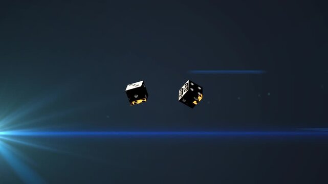 Left flare glowing causing pair black dice tumbling settling showing gold insides and blue streak