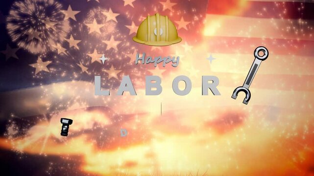 Hard hat dropping, composite assembling on flag backdrop, letters sliding, ribbon honoring workers