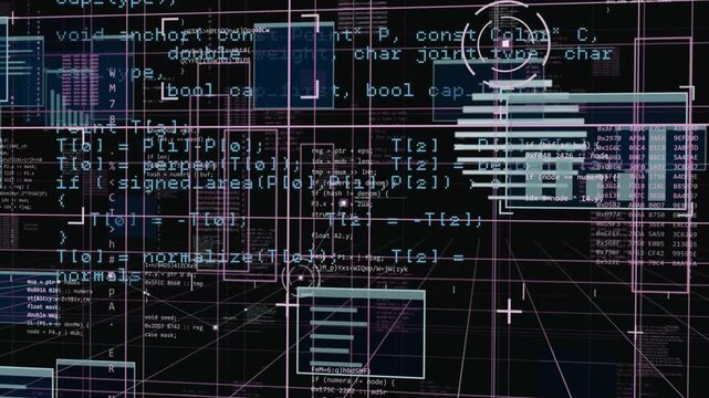 Reticle pulsing, HUD panels sliding, code scrolling, bars coalescing into emblem, visualizing data