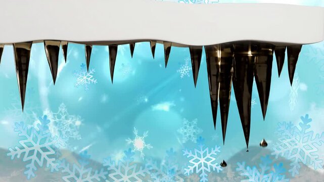 Snow-covered ledge with dark icicles melting under mild warming, droplets forming and falling