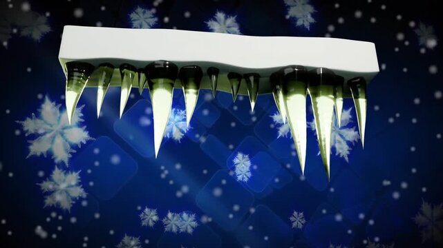 On play white snow ledge forming and extending icicles while flakes drifting, evoking winter mood