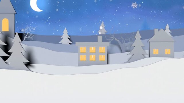 On play papercut hills sliding pines appearing moon entering camera zooming to show six windows