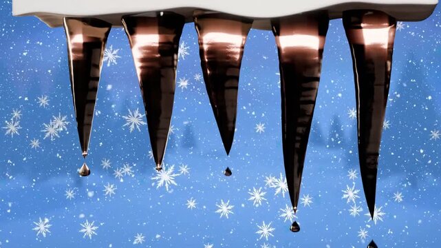 Warm highlights hitting row of five icicles, droplets forming, detaching, falling, showing melt