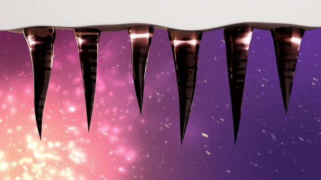 Glossy metal cones elongating, growing beads that detach and fall after length rise, to show drip