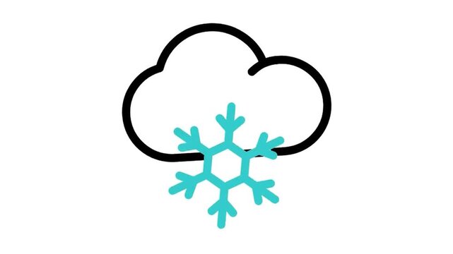 Animated cloud and snowflake icon loop motion graphic, winter blizzard and freezing snowfall weather symbol, isolated on white background