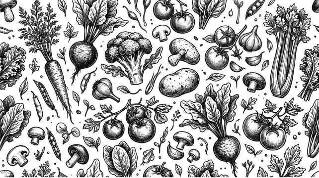 Hand drawn vegetables seamless pattern vector background with engraved style sketch of carrot broccoli tomato mushroom radish celery lettuce and garlic