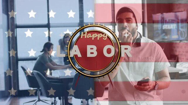 Front man glancing at phone and biting apple in office, starting LABOR DAY badge for workers