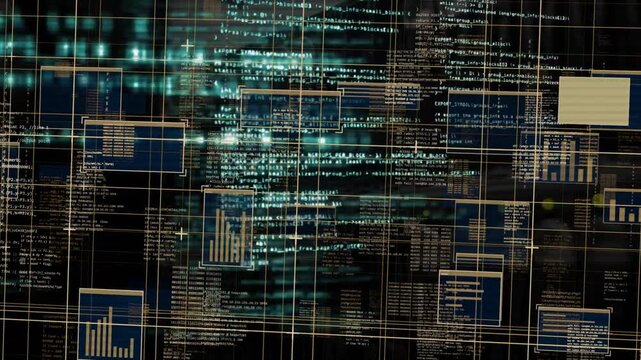 Animated digital overlay filling frame, teal band sweeping and sharpening central code showing data