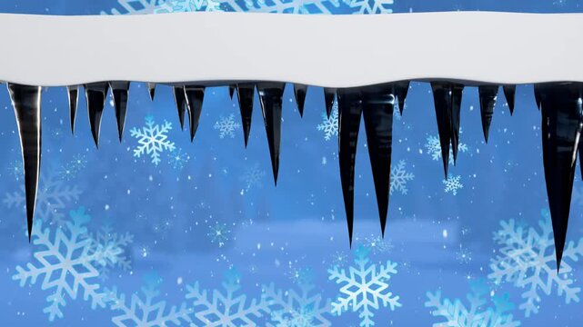 Snowfall starting, ledge sprouting icicles, droplets falling, flakes drifting, creating winter mood