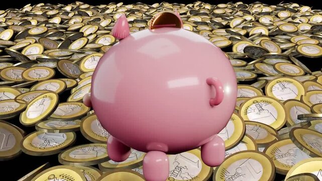 Camera zooming in, pink piggy-bank rolling in 360&deg; rotation across bimetal coins, showing savings