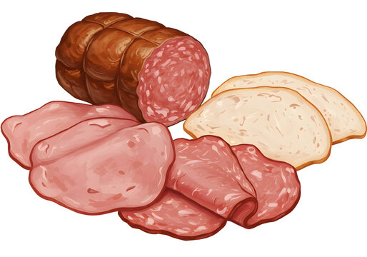 detailed illustration of assorted cold cut deli meats and bread slices
