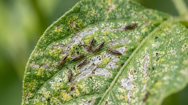 Thrips insects on damaged plant leaf. Garden pests destroying green foliage close up.