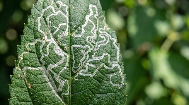 Green leaf with leaf miner damage. Macro shot of plant foliage with white winding trails.