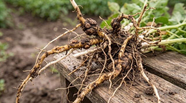 Plant roots showing clubroot disease symptoms. Damaged vegetable crop with fungal infection.